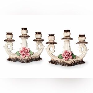 Vintage Floral Ceramic Double Candle Holders in Pink and Cream